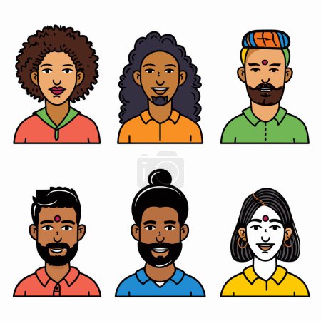 Seis personajes de dibujos animados diversos hombros hacia arriba. Personajes varían etnia, peinados, pelo facial, ropa colorida que representa diferentes culturas, carácter sonriente, mostrando positivo, amistoso