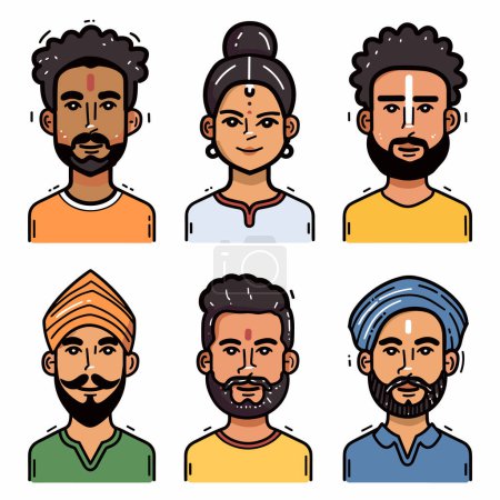 Illustration for Six diverse Indian characters illustrated modern colorful style. Men women ethnic Indian portraits wearing traditional attire, expressing cultural identity fashionable modernity. Bright, detailed - Royalty Free Image