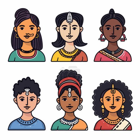 Seis avatares de estilo caricaturesco representan a los indios, mostrando joyas de ropa tradicionales. Top left female has modern casual attire, middle right wear sarees, adorned ethnic jewelry. Fila inferior
