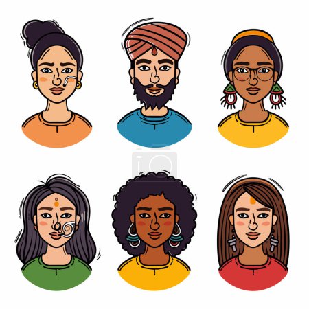 Illustration for Set diverse cartoon faces, ethnic representation, colorful attire. Illustration features six individual portraits, ethnic diversity, smiling faces. Characters display cultural attributes through - Royalty Free Image