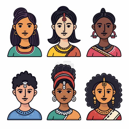 Seis mujeres indias diversas retratos colorido traje tradicional joyería étnica representación cultural diversa. Personajes femeninos India usan saris bindis narices anillos pendientes collares diversidad