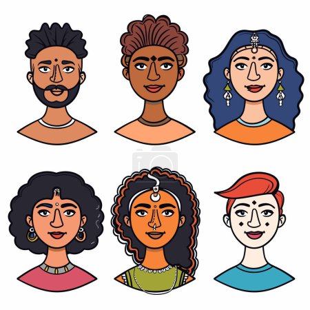 Illustration for Six diverse cartoon portraits featuring Indian ethnicity. Top row male, beard, mustache female, updo female, blue hair, nose ring. Bottom row curly hair, earrings traditional attire, jewelry short - Royalty Free Image