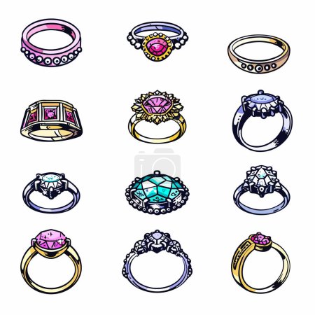 Twelve stylized engagement rings, variety gemstones, handdrawn jewelry illustrations. Engagement rings, gems, intricate designs, cartoon vector style isolated white background