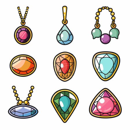 Collection colorful gemstone pendants necklaces accessories fashion jewelry isolated white background. Variety shiny crystals elegant ornaments trendy style. Assorted luxury gem encrusted pendant
