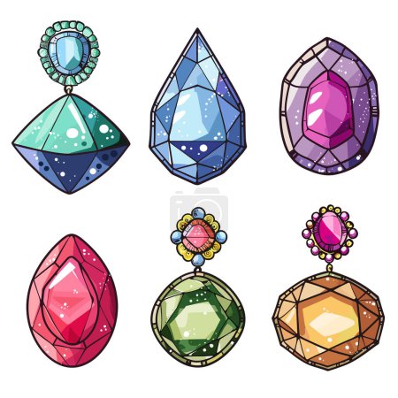 Collection colorful gemstones vector illustration. Various shapes, cuts, jewels decoration, fashion design elements. Cartoon style luxury gems isolated white background