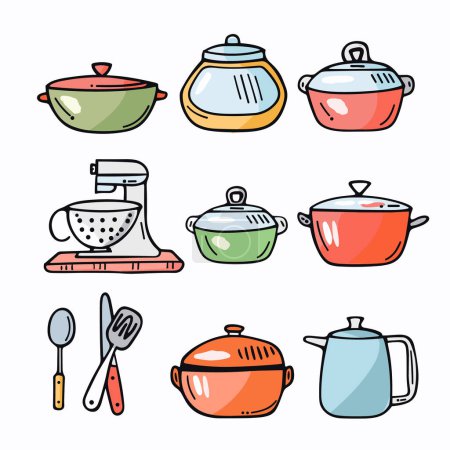 Collection kitchen utensils cookware illustrated colorful, cartoon style. Set includes pots, pan, kitchen utensils, electric mixer, perfect kitchenthemed design. Bright primary color scheme playful