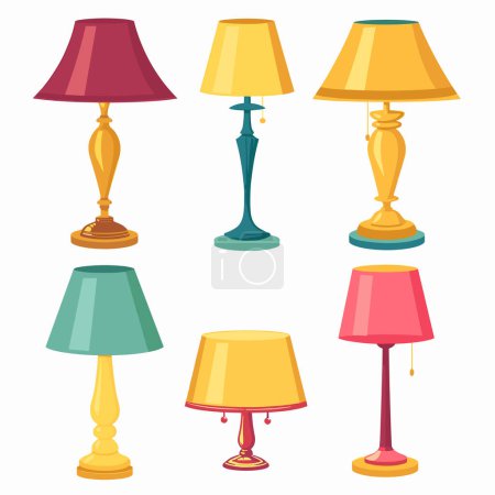 Sechs bunte Tischlampen Vielfalt Designs Stile, Wohnkultur, isoliert weißen Hintergrund. Tischbefestigungen in verschiedenen Formen, Wohnraumdekoration, lebendige Lampenschirme, keine Menschen