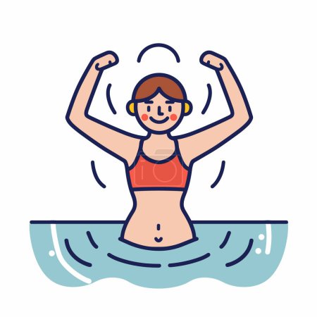 Fitness enthusiast woman demonstrating strength vitality during workout. Female character sports attire showcasing muscle, fitness routine water. Energetic young lady flexing arms, engaging aquatic