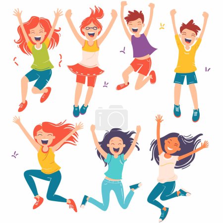 Illustration for Children jumping joyfully, expressing happiness, diverse cartoon celebrating. Group joyful cartoon children, various ethnicities, laughing jumping, colorful illustration. Excited midair - Royalty Free Image