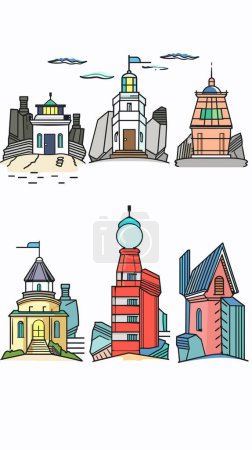Ilustración de Seis coloridos edificios dibujados a mano, varios estilos arquitectónicos, fondo blanco aislado. Ilustración creativa del paisaje urbano, dibujo de dibujos animados, colores vibrantes, paisaje urbano. Mezcla única tradicional - Imagen libre de derechos