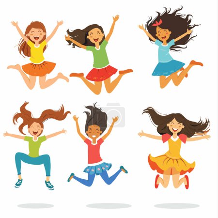 Six girls jumping happily diverse ethnicities joy. Young diverse female characters celebrate cartoon. Cheerful girls colorful clothes motion excitement