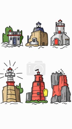 Six stylized lighthouses, colorful, various designs, coastal navigation landmarks. Handdrawn, cartoon style, nautical, sea theme, bright colors against white background. Coastline guardian