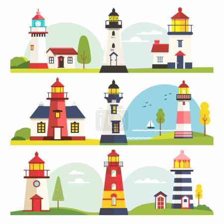 Illustration for Collection colorful lighthouses, varied designs landscapes. Graphic style flat, nautical theme, coastal settings. Nine distinct lighthouses, showcasing unique architecture color schemes - Royalty Free Image