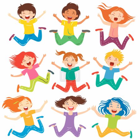 Nine happy children jumping joyfully cartoon style. Diverse kids playing, smiling, expressing happiness excitement. Boys girls illustrated colorful clothes, jumping air, showing movement joy