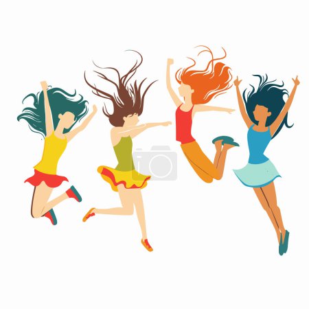 Illustration for Four joyful women dancing freely expressing happiness excitement. Diverse female characters celebrating, wearing colorful casual dresses, shoes, dynamic hair movement. Joy celebration energetic - Royalty Free Image