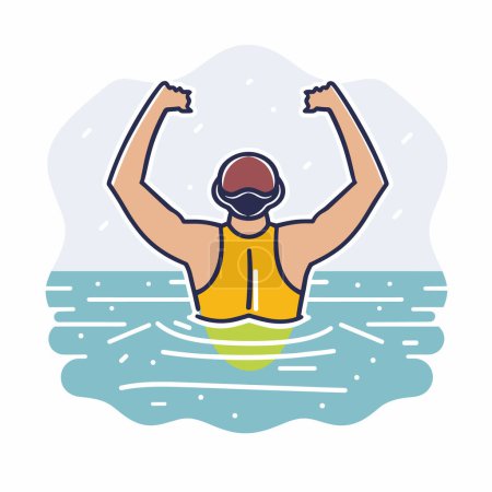 Swimmer celebrating victory raising arms water. Male athlete wearing cap, goggles, victory pose, sporting event. Cartoon style drawing, blue water, splashes, swimming competition, success emotion
