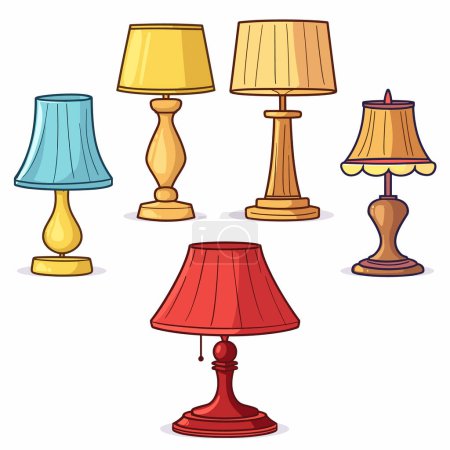 Collection colorful table lamps cartoon style, vintage modern designs. Interior decoration elements five different lampshades colorful palettes. Classic lighting fixtures variety shapes colors
