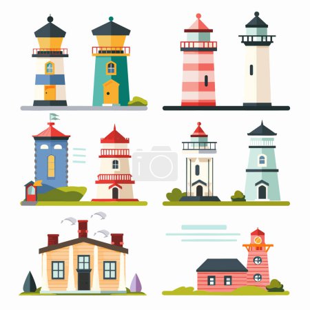 Collection illustrations colorées de phare ensemble sur fond blanc isolé, différentes architectures de conceptions, phare unique, allant rayures blanches rouges classiques plus modernes bleu jaune