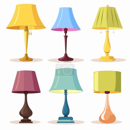 Collection colorful table lamps different styles designs home decoration. Modern classic light fixtures bright colors shapes interior design isolated white background. Assortment six lampshades