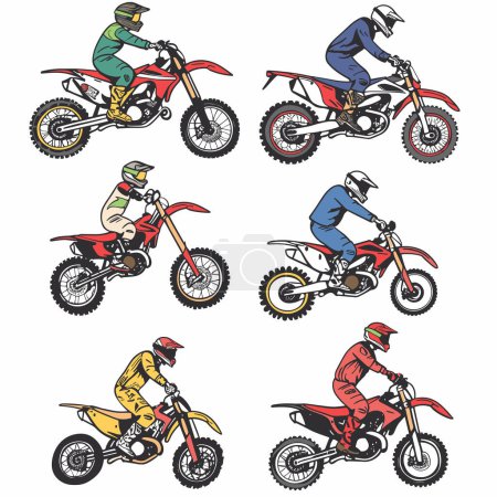 Four motocross riders wear helmets, racing gear while riding dirt bikes. Motorcyclists exhibit action, competition, extreme themes. Dirt bikes riders presented different colors