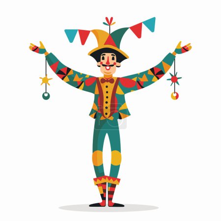 Cartoon jester performing, colorful costume, juggling, festive mood, humorous character, entertainer, medieval tradition. Harlequin vibrant outfit, funny gesture, court joker isolated white
