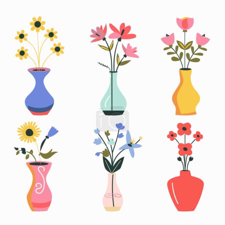 Sammlung bunte Blumenvasen, verschiedene Formen Designs, einfache flache Vektorillustration. Setzen Sie verschiedene blühende Pflanzen, fröhliche Einrichtungselemente, isolierten weißen Hintergrund. Blumen gehören dazu