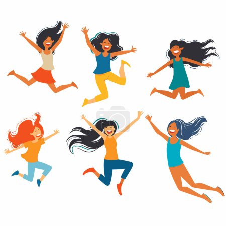Seis mujeres diversas ilustradas saltando alegremente, mostrando energía de felicidad, diferentes peinados fluyendo. Personajes de dibujos animados capturados en el aire con ropa casual, varios tonos de piel, vibrante