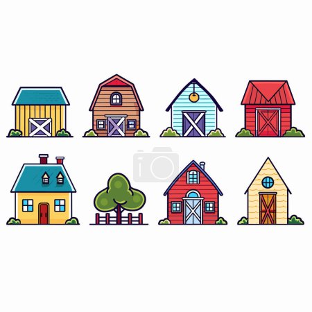 Colorful cartoon buildings arranged two rows showcasing various architecture styles, vibrant colors, detailed line art, building features distinctive design elements varying roof shapes, windows