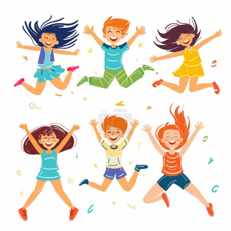 Ilustración de Niños felices saltando, celebrando, dibujos animados niños alegres, niñas chicos emocionados, confeti fiesta colorida, diversión de la infancia juguetona, grupo de amigos diversos. Energía juvenil, jóvenes animados saltando - Imagen libre de derechos