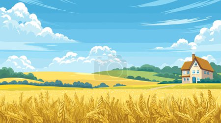 Countryside landscape depicts golden wheat field ready harvest, quaint house nestling among rolling hills beneath vibrant blue sky dotted fluffy white clouds. Serene rural scene inviting dreams