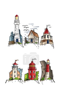 Handdrawn colorful lighthouse illustrations set seaside navigational structures birds soaring blue sky. Coastal scene lighthouse red top, adjacent buildings, rock formations included. Colorful