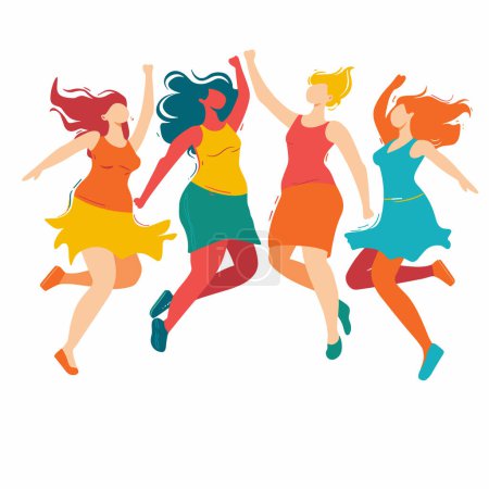 Téléchargez les illustrations : Illustration vibrante femmes joyeuses dansant insouciantes, exprimant la liberté du bonheur. Cinq figures féminines différentes célèbrent, tenue colorée, poses dynamiques, cheveux qui coulent. Mouvement de danse énergétique - en licence libre de droit