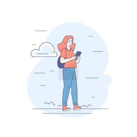 Illustration for Young woman texting casually while walking outdoors, clear sky, light breeze. Female using smartphone, contemporary casual clothing, lifestyle scene. Redhaired girl checking phone, relaxed posture - Royalty Free Image