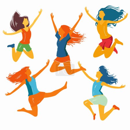 Five young women joyfully leaping into air, exuding freedom happiness. Diverse hair colors, lively motion, casual clothing vibrant hues. Energetic celebration, stylized vector illustration female
