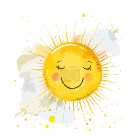 Illustration for Happy cartoon sun splattered paint watercolor effect isolated white background. Smiling sun face sunbeams vibrant yellow orange hues. Childfriendly summer cheerful sunshine graphic - Royalty Free Image