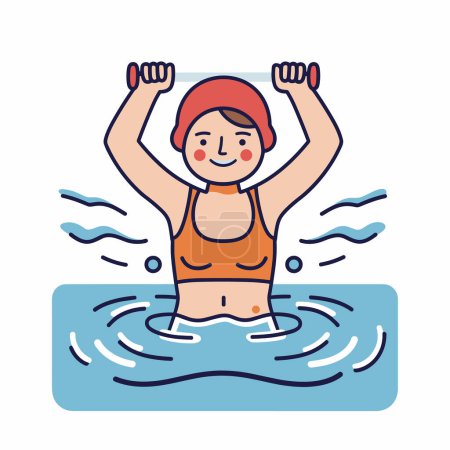 Illustration for Woman working out water, fitness swimming pool exercise, aquatic therapy session. Female swimsuit swimming cap lifting weights, water aerobics class, healthy lifestyle illustration. Young woman - Royalty Free Image