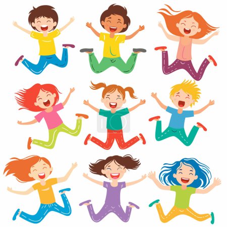 Nueve niños saltando alegremente, niños felices personajes de dibujos animados celebran. Muchachos emocionados niñas diversas etnias que expresan alegría, diversión celebración juguetona. Niños alegres saltan entusiastas, coloridos