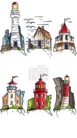 Coastal scene featuring various colorful lighthouses perched rocky cliffs, blue sky, white clouds, flying seagulls adjacent houses. Set five whimsical lighthouse illustrations showcasing diverse