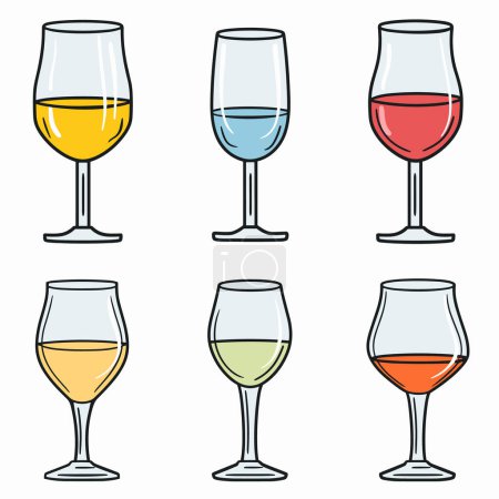 Téléchargez les illustrations : Set six verres à vin différents types de vin illustré couleurs vives. icônes de boissons de style bande dessinée design d'affiche de menu idéal, vitrine en verre couleur liquide unique représentant divers vins - en licence libre de droit