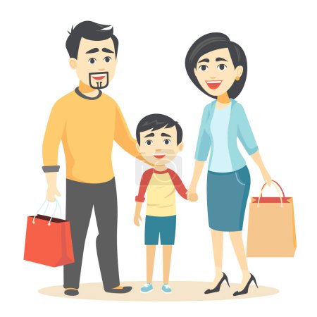 Ilustración de Viaje de compras en familia, padres felices niño sosteniendo bolsas de manos. Dibujos animados familia asiática sonriente, atuendo casual, centro comercial ajuste. Joven padre madre, alegre, estilo de vida de consumo - Imagen libre de derechos
