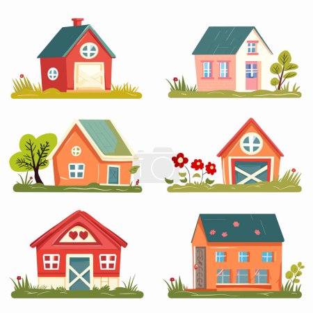 Illustration for Collection colorful cartoon houses various styles surrounded nature. Illustration features six different homes, cute ideal storybook scenes. Bright, pastel colors, simple shapes, charming - Royalty Free Image