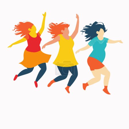 Tres mujeres saltando alegremente, expresando la libertad de la felicidad. Diversas amigas disfrutando. Trajes casuales, colores vibrantes, movimiento animado, sin fondo