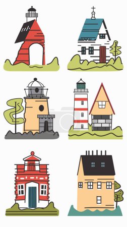 Colorful set various houses illustrations includes lighthouses, cottage, coastal architecture. Different building styles cartoon graphics, isolated white background, handdrawn residences. Simplified
