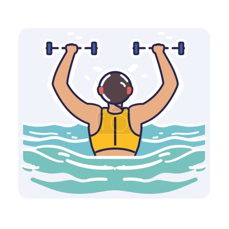 Illustration for Man exercising water lifting dumbbells, fitness aquatic workout concept. Male athlete yellow tank top engaging hydrotherapy, strength training pool. Cartoon character maintaining health through aqua - Royalty Free Image