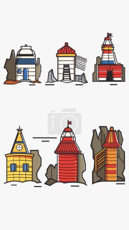 Set colorful cartoon observatories lighthouses vector illustrations. Astronomy observatory domes maritime lighthouses amidst rocks. Architectural landmarks cartoon style isolated white background