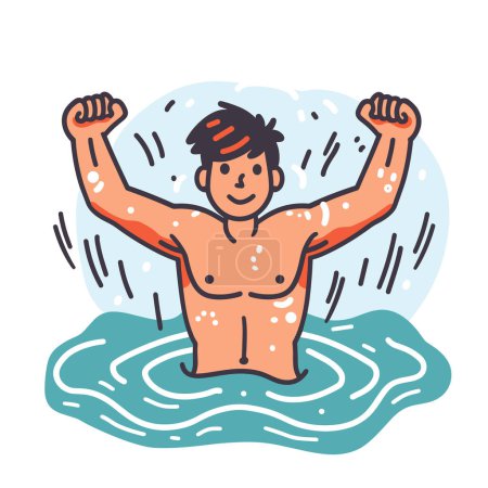Ilustración de Hombre celebrando la victoria agua, los puños levantados, salpicando agua. Hombre disfruta de la natación éxito, que representa la energía, la emoción. Caricatura hombre ganar carrera, expresión triunfo piscina - Imagen libre de derechos