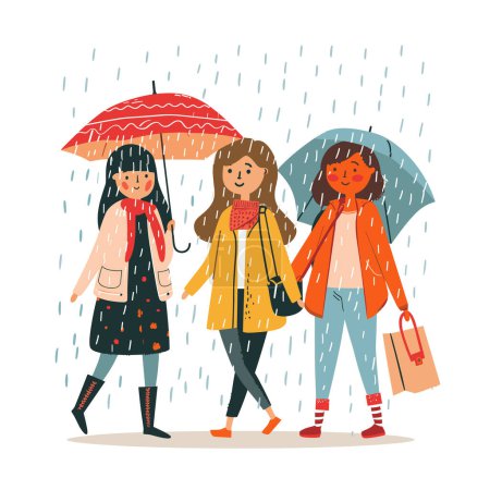 Three women walking under rain holding umbrellas, diverse females strolling together during rainfall, friends enjoy rainy weather, woman carries umbrella, red, patterned, wearing raincoats