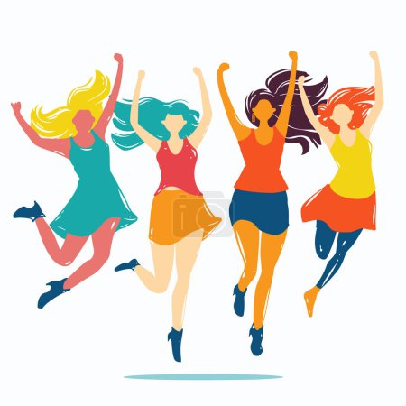 Cuatro mujeres saltando alegremente, celebrando la felicidad, la libertad. Diversos personajes femeninos expresan alegría, euforia, diversas etnias. Ropa casual, colores vibrantes, movimiento, emoción, fondo blanco