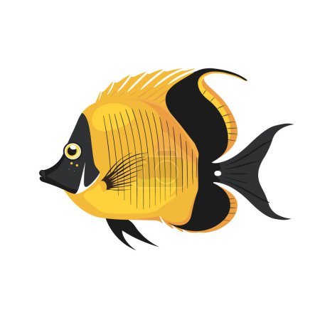 Ilustración de Ilustración vectorial pez negro amarillo, parecido al ídolo morisco. Diseño gráfico aislado de fondo blanco, vida marina tropical. Representación colorida de animales acuáticos, representación de vista lateral - Imagen libre de derechos
