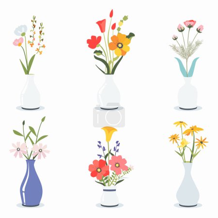 Sechs Vasen verschiedene Blumen bunte Sträuße flaches Design. Verschiedene Blumenarrangements Wohnkultur Blumenvasen weißen Hintergrund. Pastellblüten Kollektion elegante Dekoration Vektor Illustration
